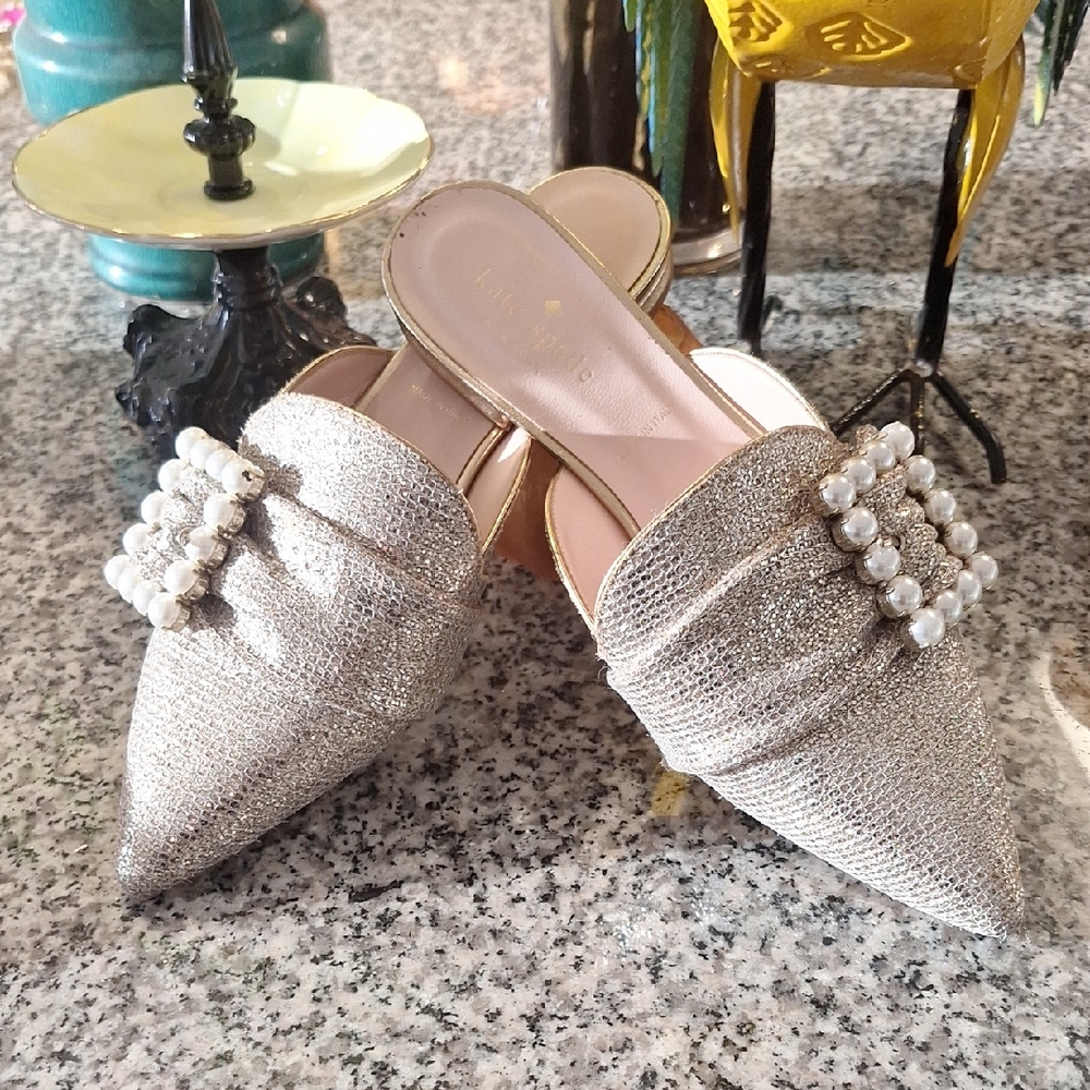 Kate Spade Silver Mules with Pearl Accents